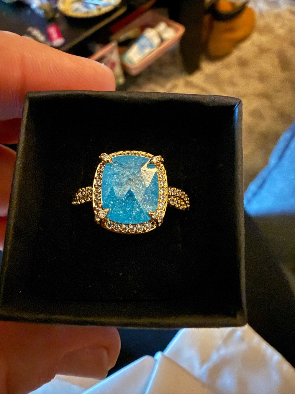Gold-Tone Ring with Bright Blue Cushion Crystal and Pavé Accents